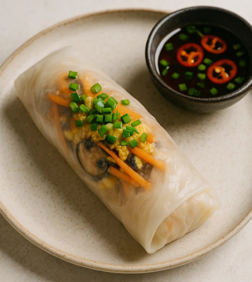 Frische und leichte vietnamesische Frühlingsrollen, gefüllt mit Gemüse und Ei, serviert mit Tamari