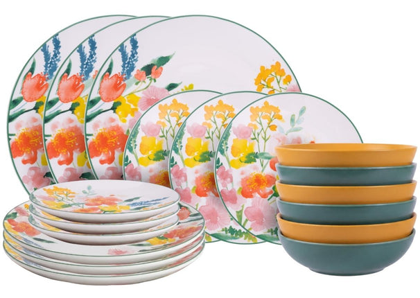 Villa d'Este Home Geschirrset Flora Porzellan 18-teilig / 6 Personen - 6 Speiseteller, 6 Frühstücksteller und 6 Suppenteller