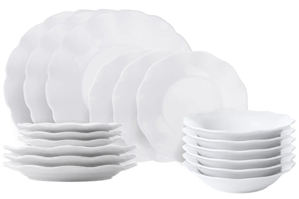 Villa d'Este Home Geschirrset Scallop Weiß Opalglas 18-teilig / 6 Personen - 6 Speiseteller, 6 Frühstücksteller und 6 Suppenteller