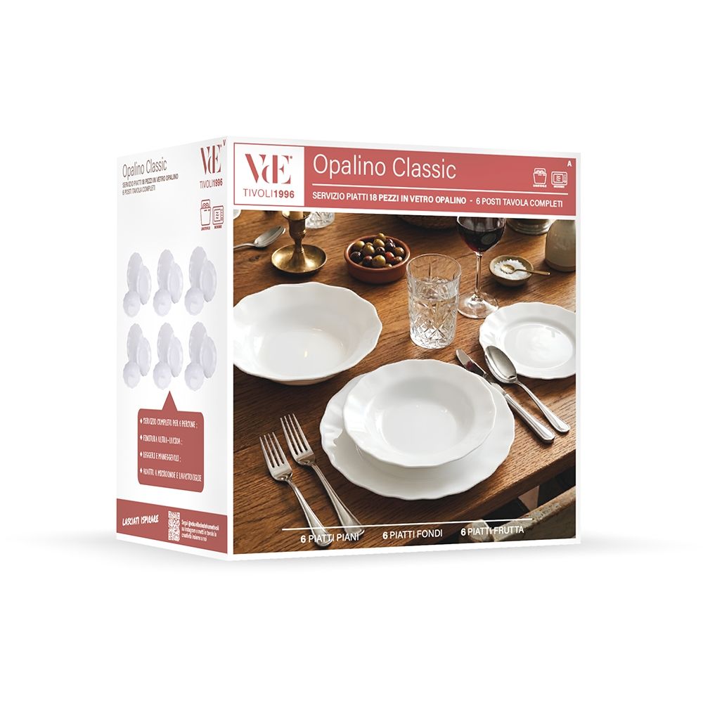 Villa d'Este Home Geschirrset Scallop Weiß Opalglas 18-teilig / 6 Personen - 6 Speiseteller, 6 Frühstücksteller und 6 Suppenteller
