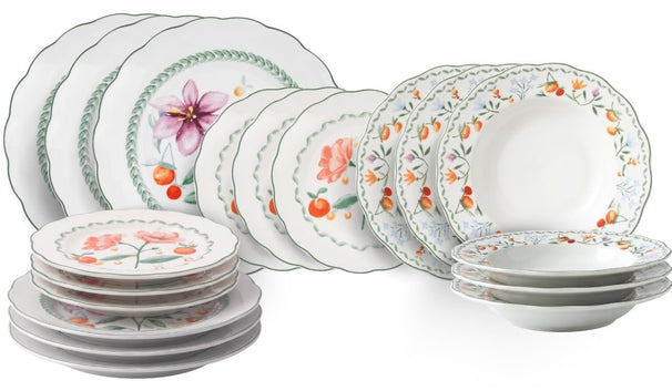 Villa d'Este Home Geschirrset Cherry Flowers Baita 18-teilig / 6 Personen - 6 Speiseteller, 6 Frühstücksteller und 6 Suppenteller