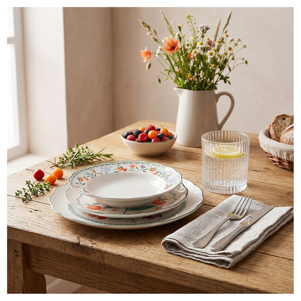 Villa d'Este Home Geschirrset Cherry Flowers Baita 18-teilig / 6 Personen - 6 Speiseteller, 6 Frühstücksteller und 6 Suppenteller