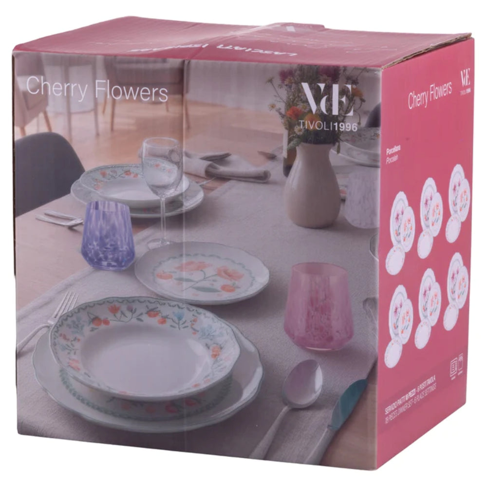 Villa d'Este Home Geschirrset Cherry Flowers Baita 18-teilig / 6 Personen - 6 Speiseteller, 6 Frühstücksteller und 6 Suppenteller