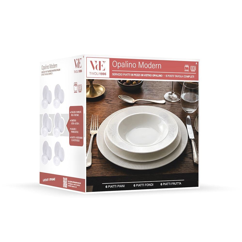 Villa d'Este Home Geschirrset Decor Weiß Opalglas 18-teilig / 6 Personen - 6 Speiseteller, 6 Frühstücksteller und 6 Suppenteller