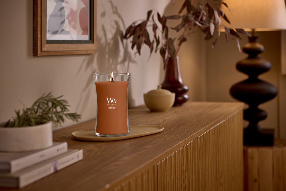 WoodWick Duftkerze Large Saffron Smoke - 18 cm / ø 10 cm - Duftkerze im Glas - Holzdocht