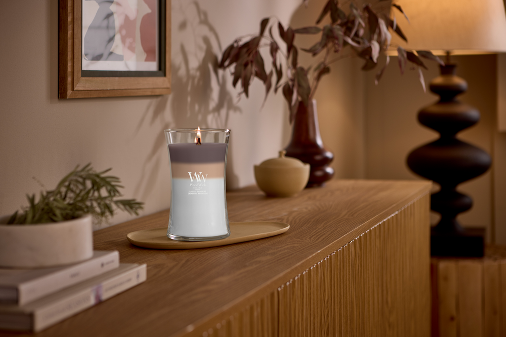 WoodWick Duftkerze Large Trilogy Radiant Cashmere - 18 cm / ø 10 cm - Duftkerze im Glas - Holzdocht