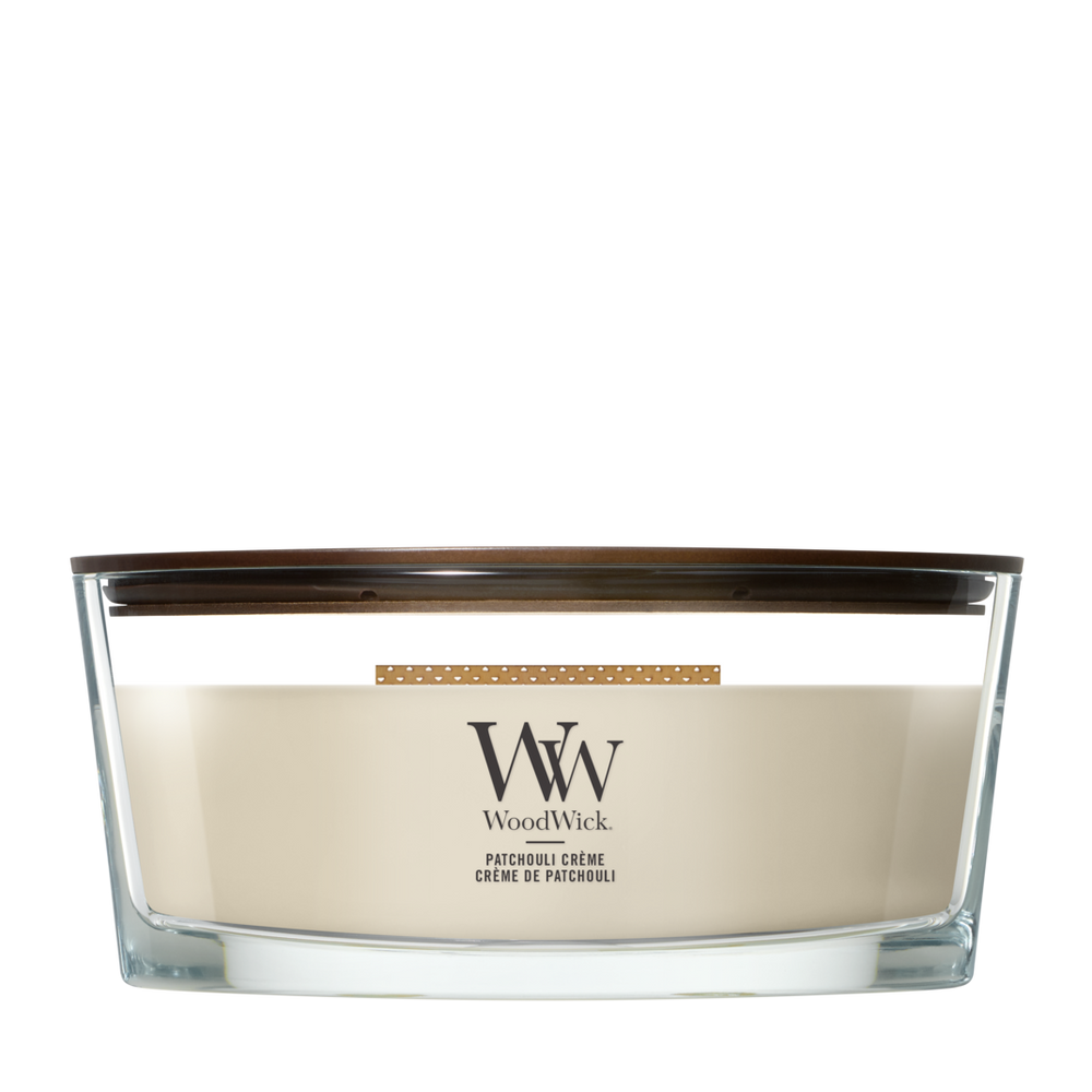 WoodWick Duftkerze Ellipse Patchouli Crème - 9 cm / 19 cm - Duftkerze im Glas - Holzdocht