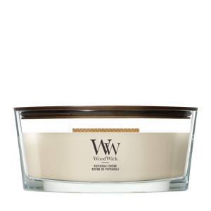 WoodWick Duftkerze Ellipse Patchouli Crème - 9 cm / 19 cm - Duftkerze im Glas - Holzdocht
