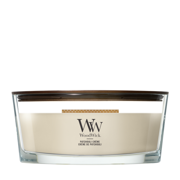 WoodWick Duftkerze Ellipse Patchouli Crème - 9 cm / 19 cm - Duftkerze im Glas - Holzdocht