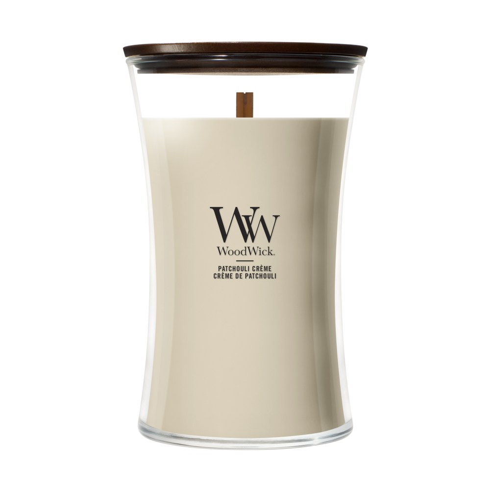 WoodWick Duftkerze Large Patchouli Crème - 18 cm / ø 10 cm - Duftkerze im Glas - Holzdocht