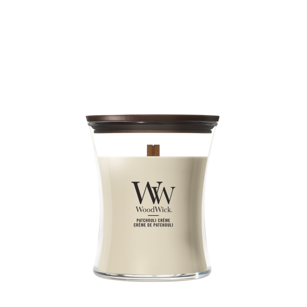 WoodWick Duftkerze Medium Patchouli Crème - 11 cm / ø 10 cm - Duftkerze im Glas - Holzdocht