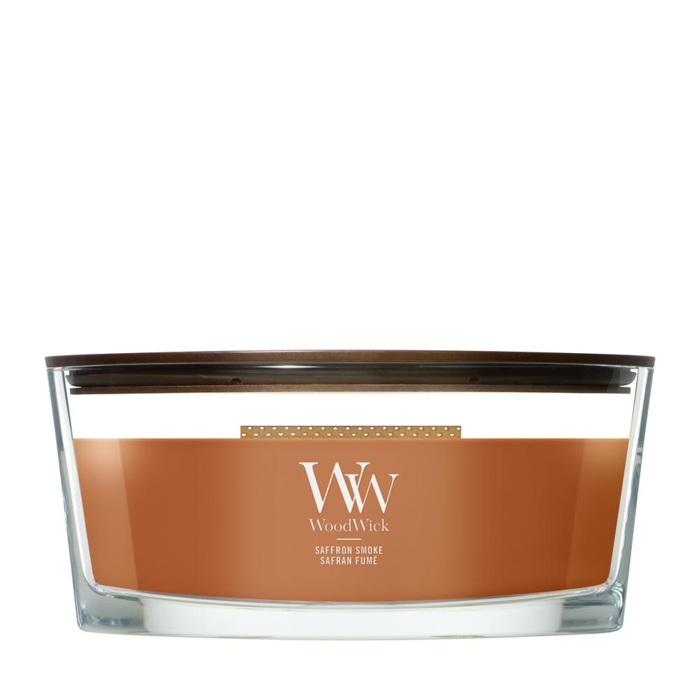 WoodWick Duftkerze Ellipse Saffron Smoke - 9 cm / 19 cm - Duftkerze im Glas - Holzdocht