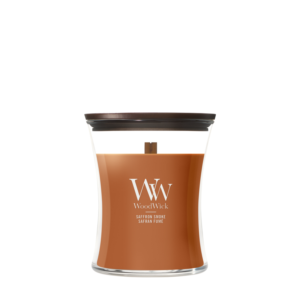 WoodWick Duftkerze Medium Saffron Smoke - 11 cm / ø 10 cm - Duftkerze im Glas - Holzdocht
