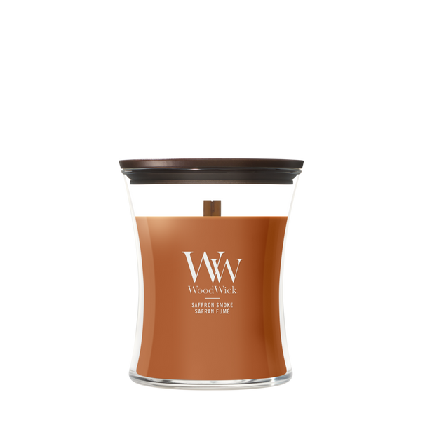 WoodWick Duftkerze Medium Saffron Smoke - 11 cm / ø 10 cm - Duftkerze im Glas - Holzdocht