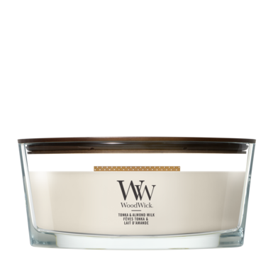 WoodWick Duftkerze Ellipse Tonka & Almond Milk - 9 cm / 19 cm - Duftkerze im Glas - Holzdocht