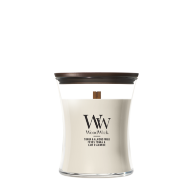 WoodWick Duftkerze Medium Tonka & Almond Milk - 11 cm / ø 10 cm - Duftkerze im Glas - Holzdocht