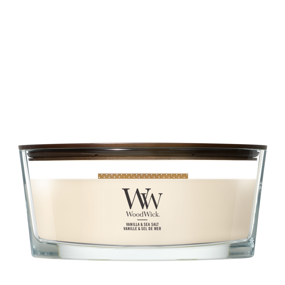WoodWick Duftkerze Ellipse Vanilla & Sea Salt - 9 cm / 19 cm - Duftkerze im Glas - Holzdocht