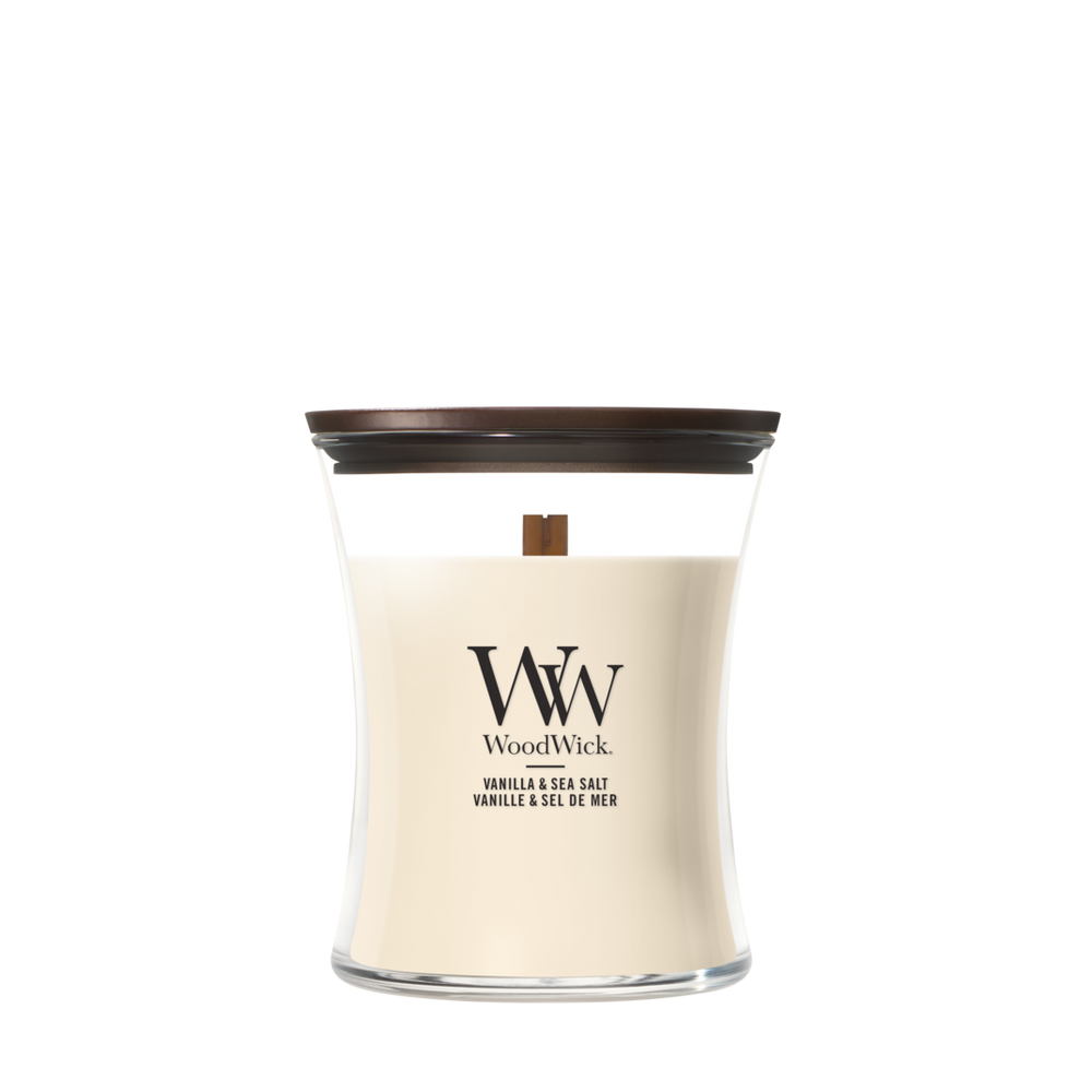 WoodWick Duftkerze Medium Vanilla & Sea Salt - 11 cm / ø 10 cm - Duftkerze im Glas - Holzdocht
