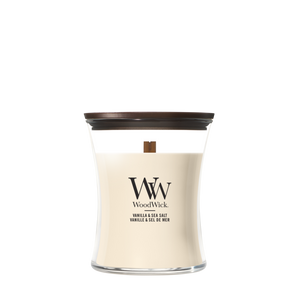 WoodWick Duftkerze Medium Vanilla & Sea Salt - 11 cm / ø 10 cm - Duftkerze im Glas - Holzdocht