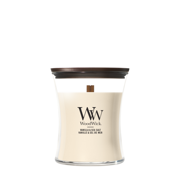 WoodWick Duftkerze Medium Vanilla & Sea Salt - 11 cm / ø 10 cm - Duftkerze im Glas - Holzdocht