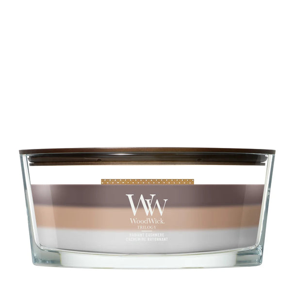 WoodWick Duftkerze Ellipse Trilogy Radiant Cashmere - 9 cm / 19 cm - Duftkerze im Glas - Holzdocht