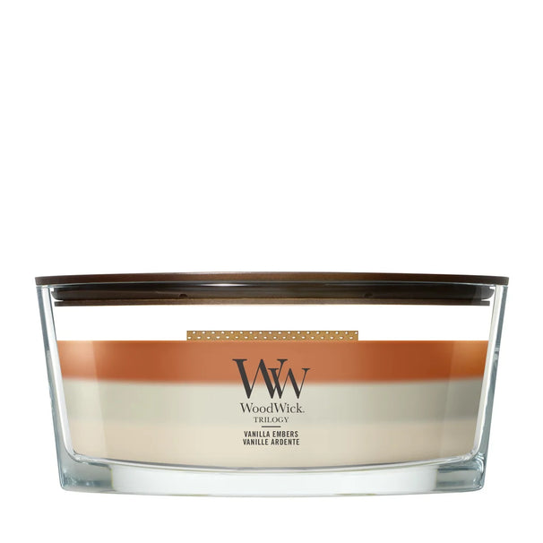 WoodWick Duftkerze Ellipse Trilogy Vanilla Embers - 9 cm / 19 cm - Duftkerze im Glas - Holzdocht