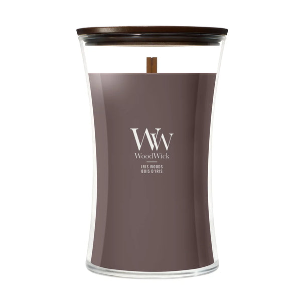 WoodWick Duftkerze Large Iris Woods - 18 cm / ø 10 cm - Duftkerze im Glas - Holzdocht