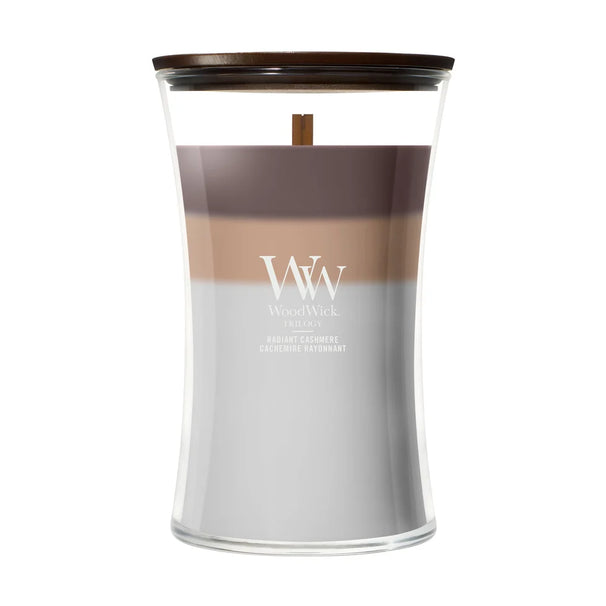 WoodWick Duftkerze Large Trilogy Radiant Cashmere - 18 cm / ø 10 cm - Duftkerze im Glas - Holzdocht