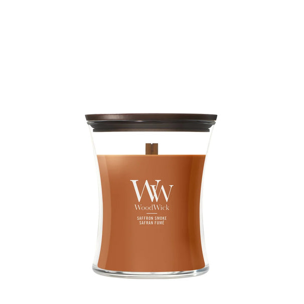 WoodWick Duftkerze Medium Saffron Smoke - 11 cm / ø 10 cm - Duftkerze im Glas - Holzdocht