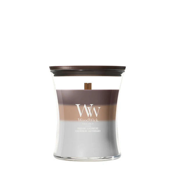 WoodWick Duftkerze Medium Trilogy Radiant Cashmere - 11 cm / ø 10 cm - Duftkerze im Glas - Holzdocht