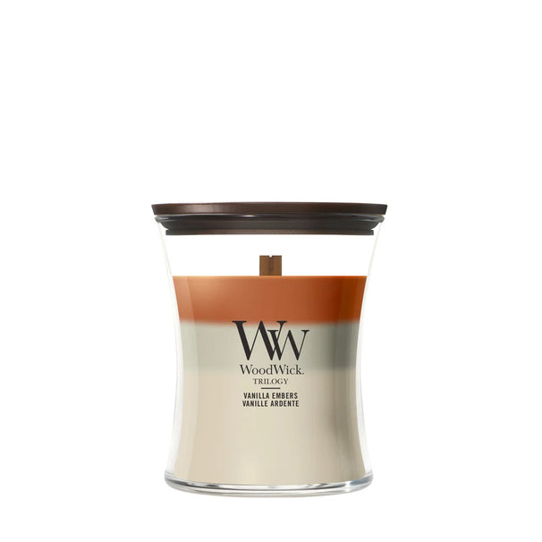 WoodWick Duftkerze Medium Trilogy Vanilla Embers - 11 cm / ø 10 cm - Duftkerze im Glas - Holzdocht