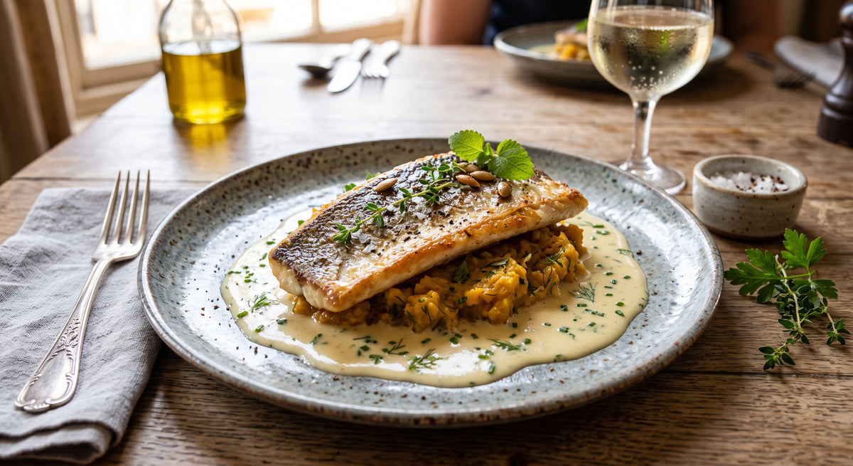 Eleganter Fisch mit einer samtweichen Sauce und süßem Kürbis