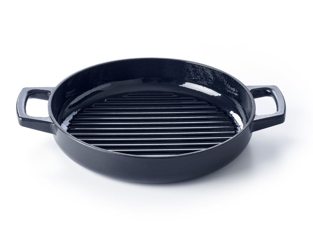 Alva Grillpfanne / Grillplatte Nori ø 28 cm + Kostenlose Ledergriffe - für alle Herdarten geeignet - emaillierte Antihaftbeschichtung
