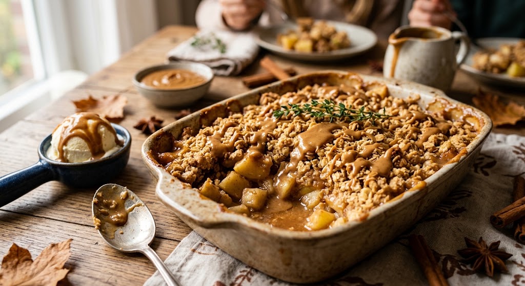 Knuspriger Crumble, weiche Birnen und Äpfel und eine warme Speculoos-Sauce obendrauf: das ist Herbst von seiner leckersten Seite.