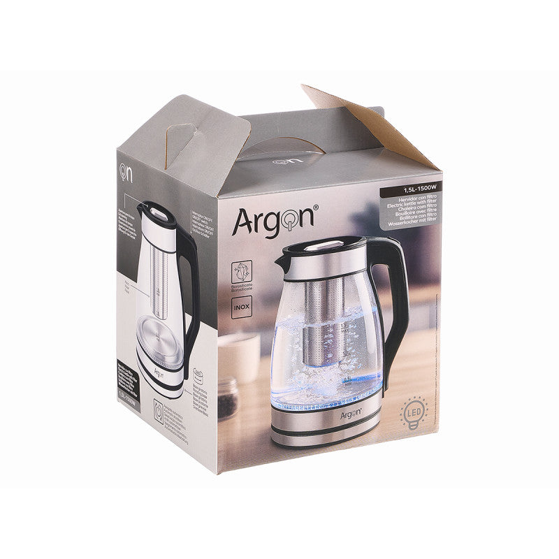 Argon Wasserkocher Glas / RVS mit Filter - 1,5 Liter - 1500 W