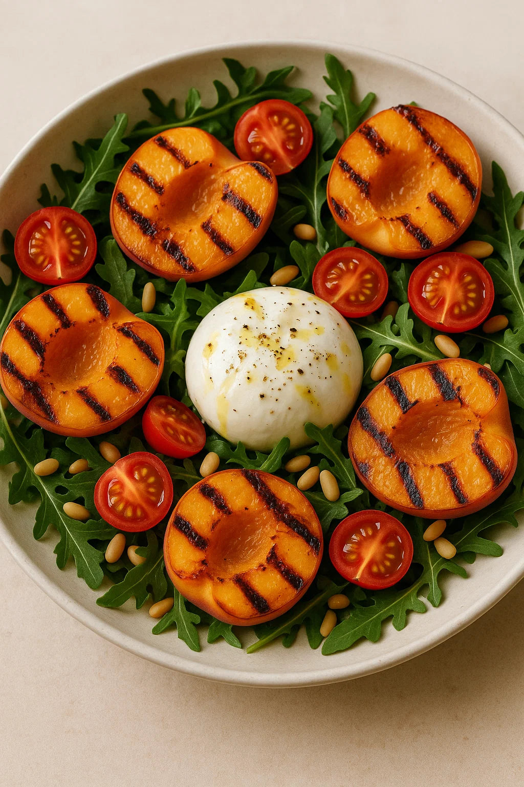 Ein frischer und köstlicher Salat mit süßen Pfirsichen und cremiger Burrata.