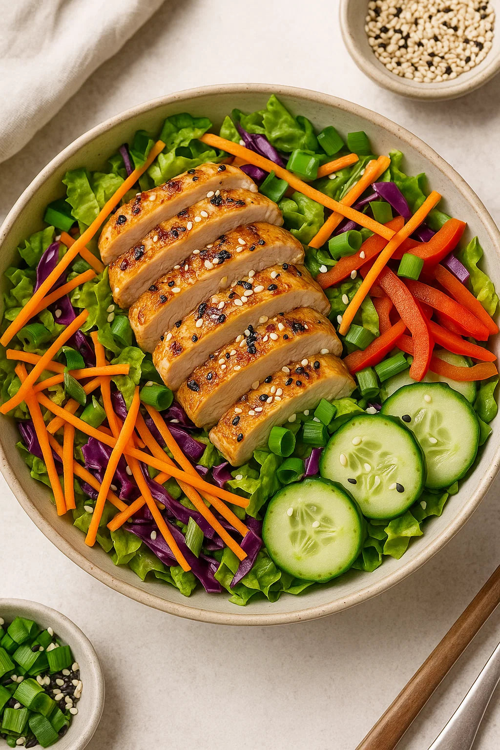 Genießt einen frischen, farbenfrohen Salat mit zartem Hähnchen und einem würzigen Sojaingwer-Dressing.