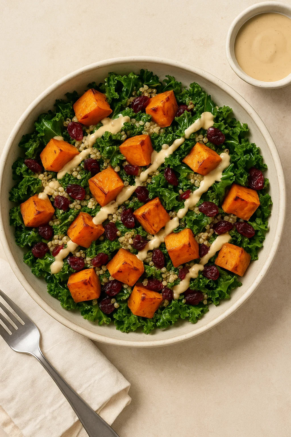 Ein nahrhafter warmer Salat mit gerösteter Süßkartoffel, Grünkohl und einem cremigen Tahini-Dressing