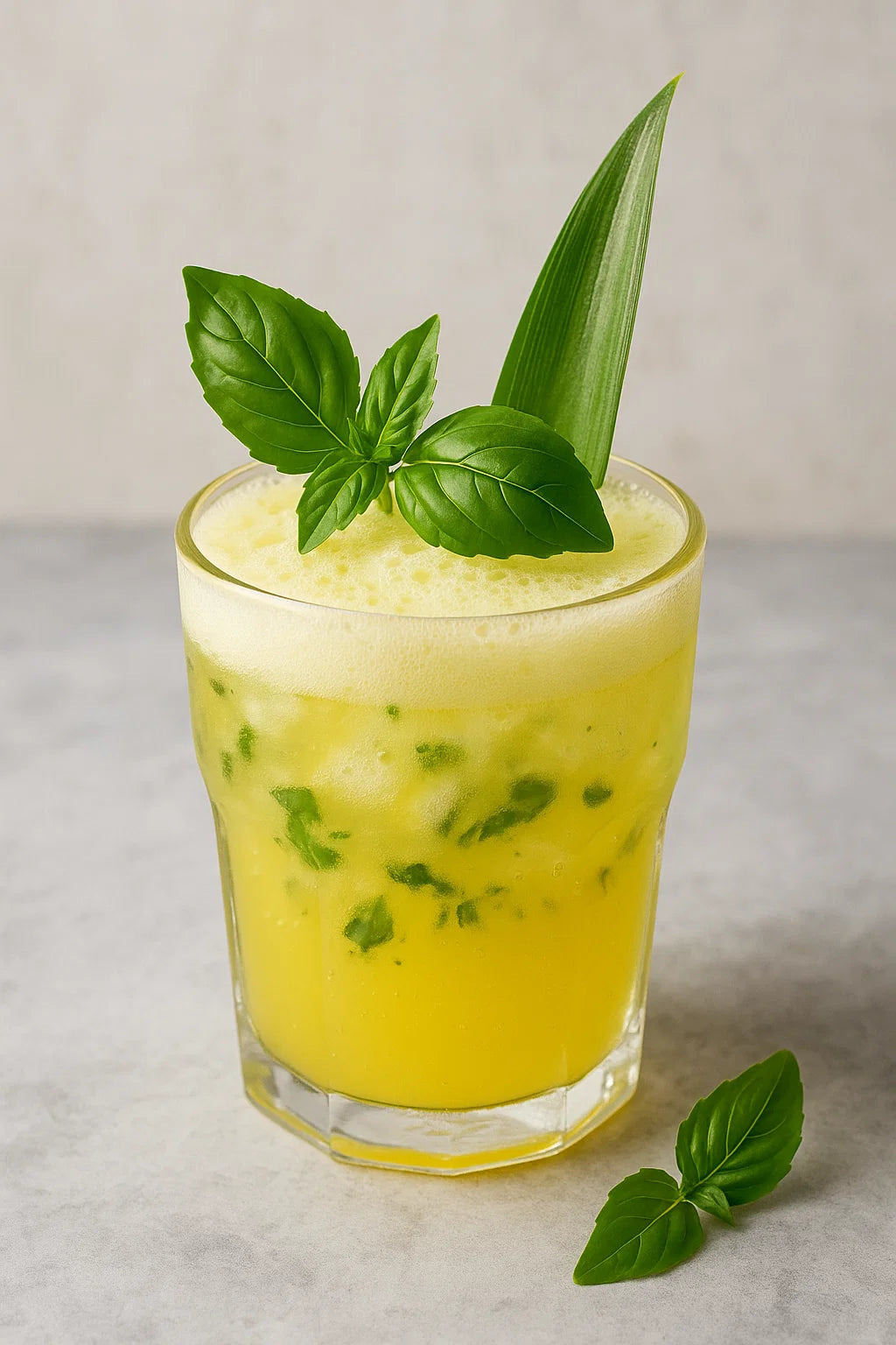 Ein erfrischender tropischer Cocktail mit Ananas und Basilikum.