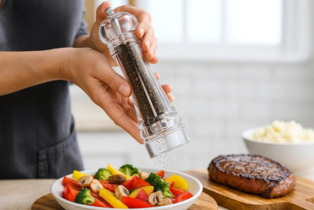 Cookinglife Pfeffermühle Rocca Transparent - Edelstahl Mahlwerk - 21,5 cm