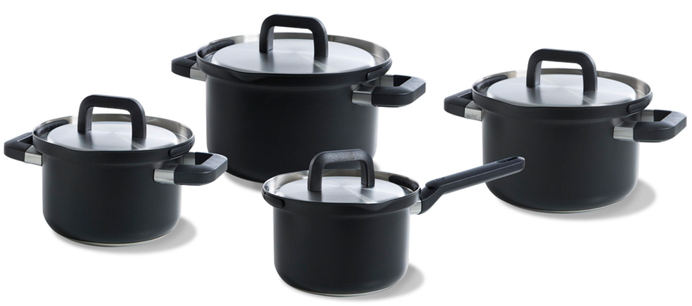 BK Topfset Flow Cool Schwarz 4-teilig -Edelstahl - Kochtöpfe ø 16, 18, 20 cm & Stieltopf ø 16 cm