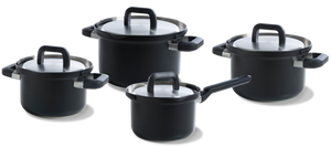 BK Topfset Flow Cool Schwarz 4-teilig -Edelstahl - Kochtöpfe ø 16, 18, 20 cm & Stieltopf ø 16 cm