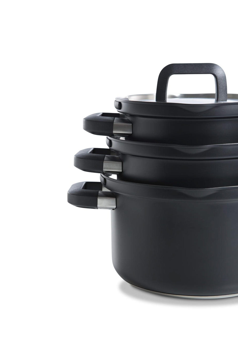 BK Topfset Flow Cool Schwarz 4-teilig -Edelstahl - Kochtöpfe ø 16, 18, 20 cm & Stieltopf ø 16 cm