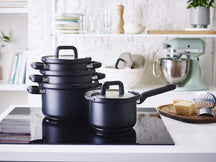 BK Topfset Flow Cool Schwarz 4-teilig -Edelstahl - Kochtöpfe ø 16, 18, 20 cm & Stieltopf ø 16 cm