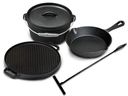 Blackwell Dutch Oven BBQ Set aus Gusseisen – Schmortopf + Heber, Bratpfanne Ø 20 cm & Grillplatte Ø 30 cm – 4-teilig – geeignet für alle Herdarten