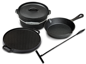 Blackwell Dutch Oven BBQ Set aus Gusseisen – Schmortopf + Heber, Bratpfanne Ø 20 cm & Grillplatte Ø 30 cm – 4-teilig – geeignet für alle Herdarten