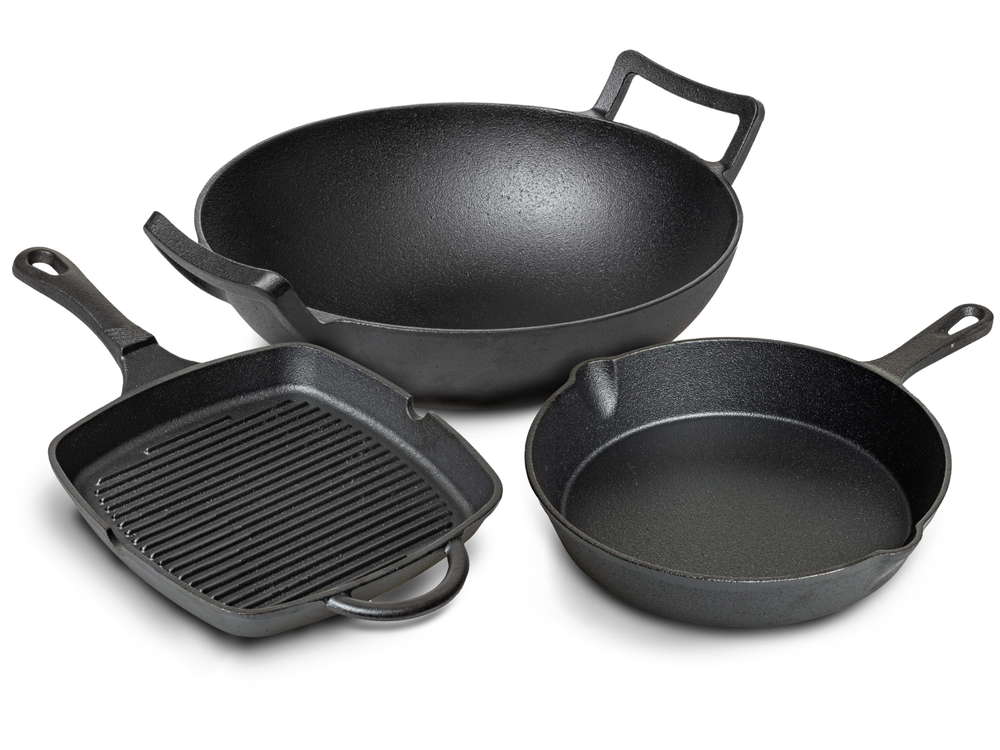 Blackwell Pfannenset aus Gusseisen – Grillpfanne 23 x 23 cm, Bratpfanne Ø 25 cm & Wok Ø 32 cm – 3-teilig – geeignet für alle Herdarten