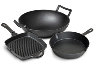 Blackwell Pfannenset aus Gusseisen – Grillpfanne 23 x 23 cm, Bratpfanne Ø 25 cm & Wok Ø 32 cm – 3-teilig – geeignet für alle Herdarten