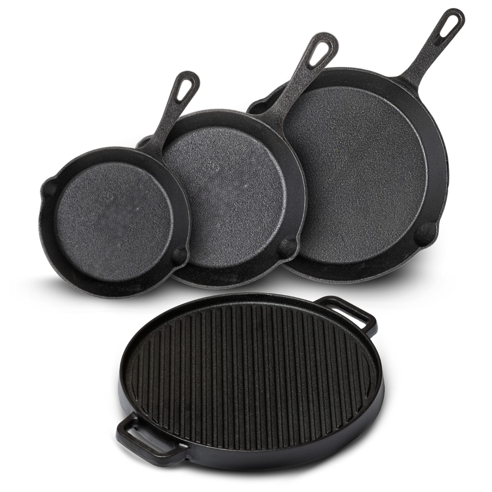 Blackwell Pfannenset aus Gusseisen – Bratpfannen 16, 20 & 25 cm & Grillplatte Ø 30 cm – 4-teilig – geeignet für alle Herdarten