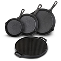 Blackwell Pfannenset aus Gusseisen – Bratpfannen 16, 20 & 25 cm & Grillplatte Ø 30 cm – 4-teilig – geeignet für alle Herdarten